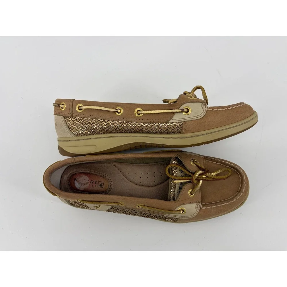 Sperry Angelfish, Tan/Gold Leather Glitter Boat Shoes, Women's Size 7, Pre-Owned